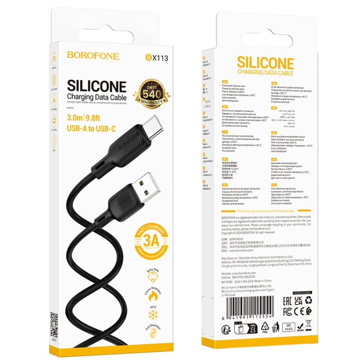 Cable de Datos Silicona Borofone BX113 3A USB-A a USB-C 3m Negro