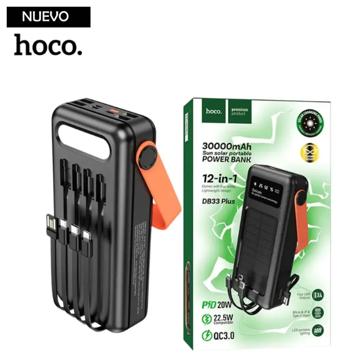 Power Bank Portátil Hoco DB33 Con Carga Solar Linterna Led de 30000mAh
